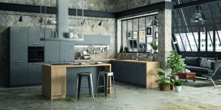 Cuisine CROMALINE Structuré Mélaminé béton anthracite mat et mélaminé chêne à noeuds.